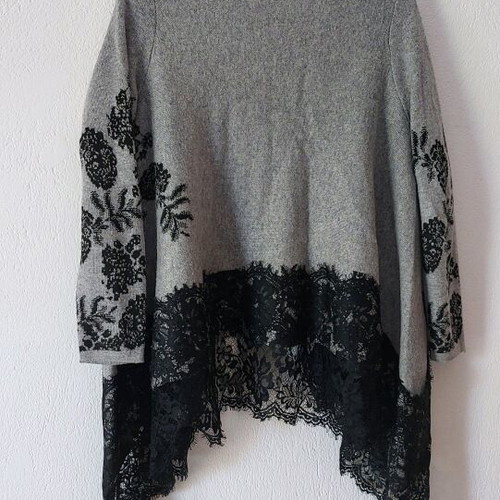 Gray viscose cardigan with black lace asymmetrical like new, one size