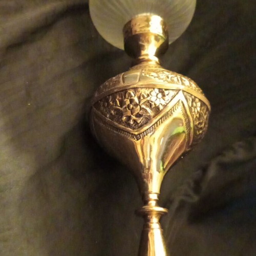 Vintage brass table lamp in oil lamp style with frosted glass