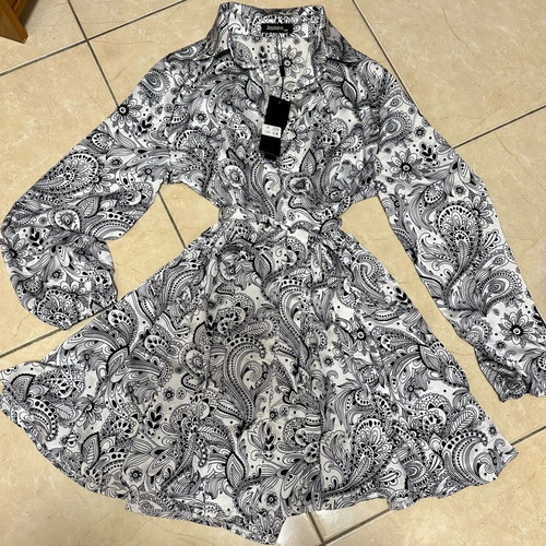 Jasmine long-sleeve dress black and white new, mini with belt