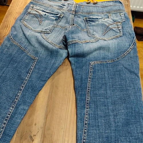 Phard denim overalls like new, blue, leather straps, 7/8 length