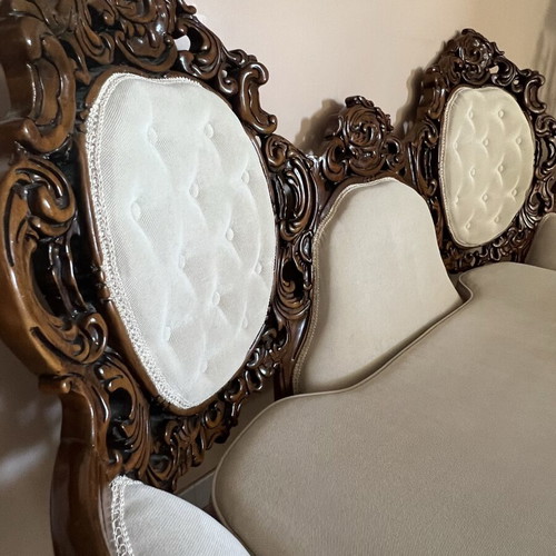 Carved Canadian Solid Wood Living Room Set like new with Marble Tables