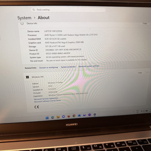 Huawei Matebook D14 laptop like new, AMD Ryzen, 8GB RAM, 500GB SSD