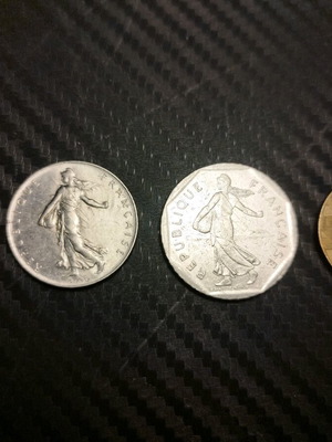 French francs used 10 centimes 1963, 1 franc 1976, 2 franc 1982, 10 franc 1988