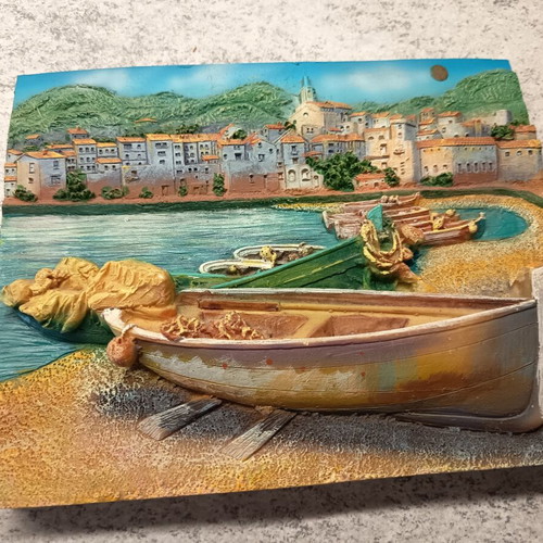Relief wall decoration with fishing boat and seaside landscape, like new