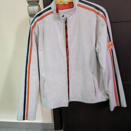 Vintage men's leather jacket XL like new, white with stripes