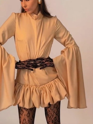 Mini dress beige nude with wide sleeves, new by Niki Nikolaidou