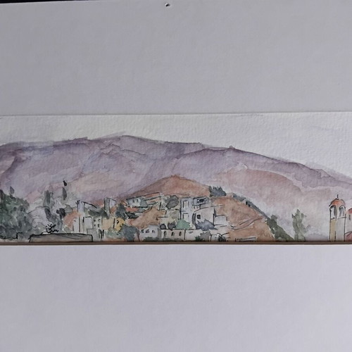 Watercolor mountain village and church like new, authentic signed painting