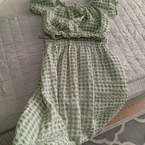 Kate London midi skirt and crop top set, green checked