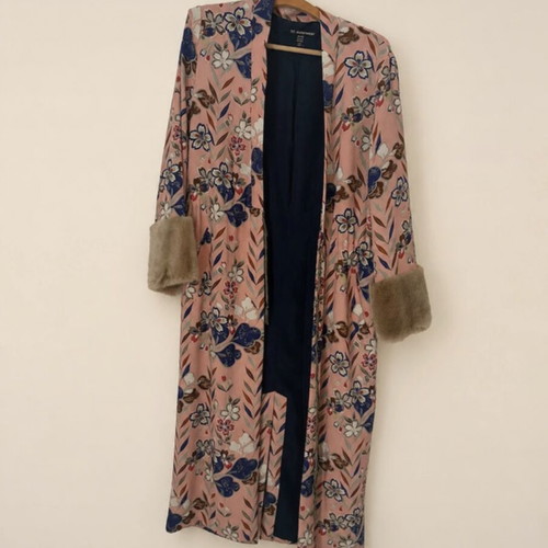 Kimono with floral pattern and fur cuffs, multicolor, size M