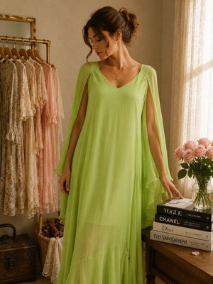 River Island lime maxi dress used, size M, airy with cape