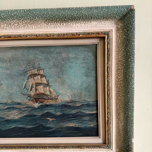 Oil Painting with Sailing Ship on Sea used, vintage nautical theme