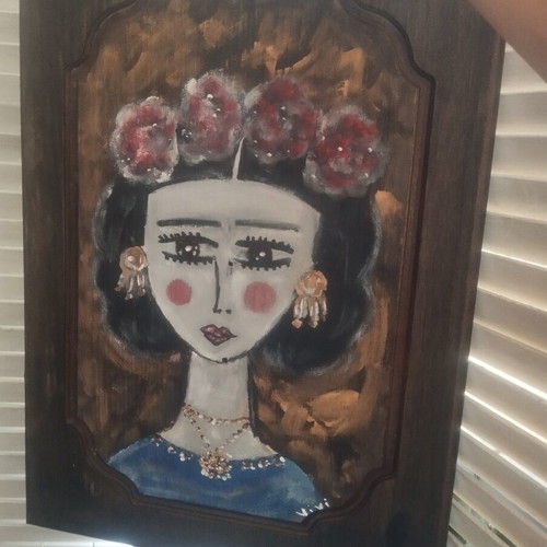 Frida painting on old wood