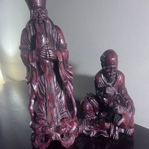 Vintage Chinese Handcrafted Wood Carved Figures Set of 2