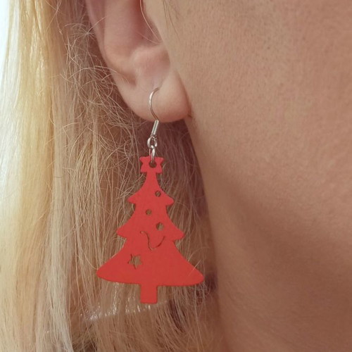 Wooden Christmas tree earrings new, red color