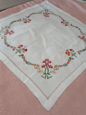 Handmade table linen set of two identical 85x85 cm embroidered cotton squares