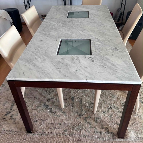 Marble dining table with 8 leather chairs like new