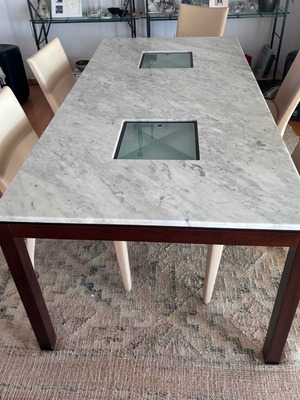 Marble dining table with 8 leather chairs like new