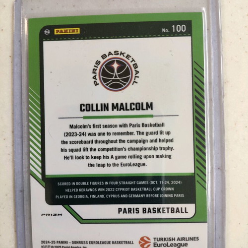 Panini Euroleague Donruss Collin Malcolm White Sparkle Card 2024-25 new