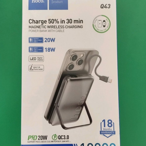 Hoco Q43 PD20W Fast Charge Magnetic Wireless Powerbank with Stand and Built-in Type C Cable