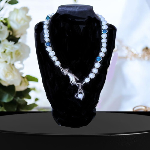 Handmade necklace with white pearls, blue tiger eye and metal elements new