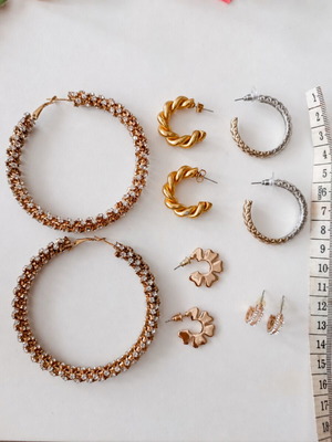 Mixed Earrings Lot used, 5 pairs in gold, silver and rose-gold tones