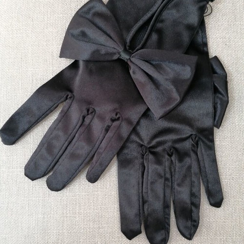 Satin gloves black with decorative bow new