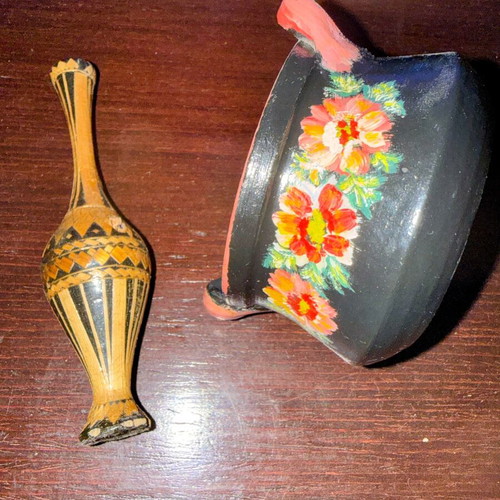Vintage decorative set ceramic container and wooden bottle used