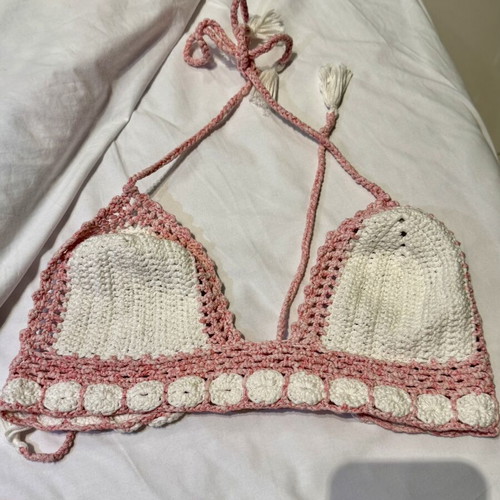 Crochet bikini set Art Love Knitwear size L used, pink and white