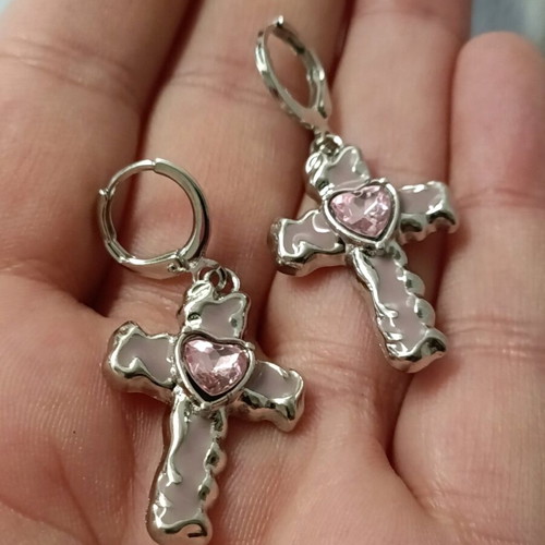 Retro women's stainless steel earrings with enamel and amethyst stone cross new