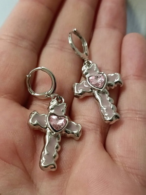 Retro women's stainless steel earrings with enamel and amethyst stone cross new
