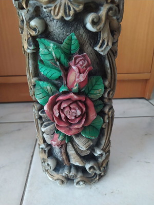 Vintage heavy candle used with red roses, 1975