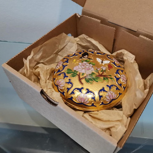 Cloisonne jewelry box used, gold tone with floral motifs and butterflies
