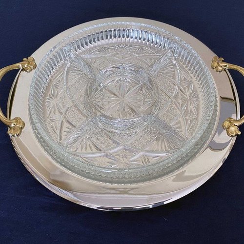 Crystal nut bowl 5 sections like new with Inox 18/10 tray and 24K handles