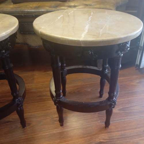 Set of two classic round side tables with marble tops