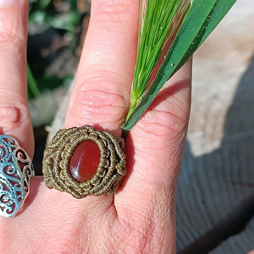 Macrame ring new with carnelian and intricate design