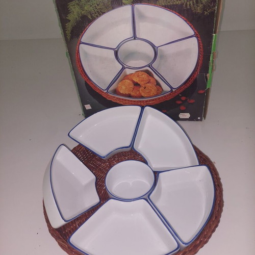 Retro vintage serving set with ceramic snack plates and wicker base