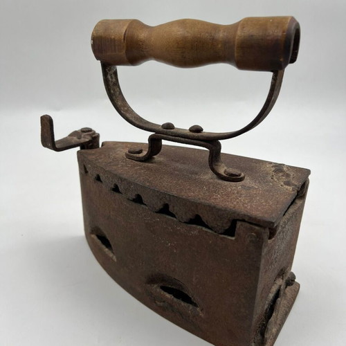 Cast Iron Charcoal Iron with Wooden Handle used, vintage clothes iron