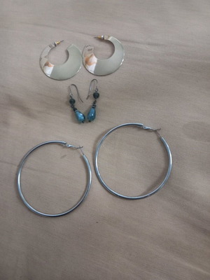 Earrings like new, pack of three pairs, silver and gold-colored