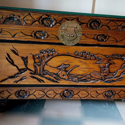 Carved chest used with thick glass
