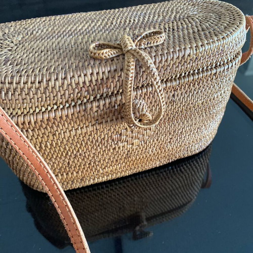 Mango rattan crossbody bag like new, beige with leather strap