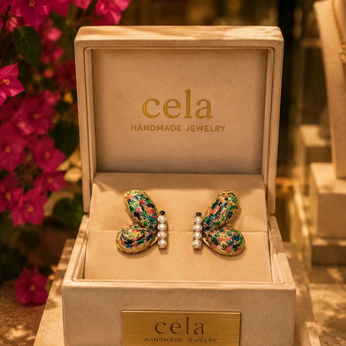 Handmade earrings made of polymer clay and liquid glass, hand-painted and with zirconia