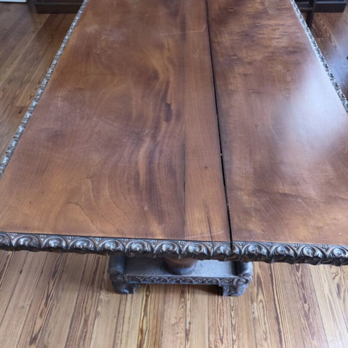 Solid Large Wooden Dining Table with Two Chairs used