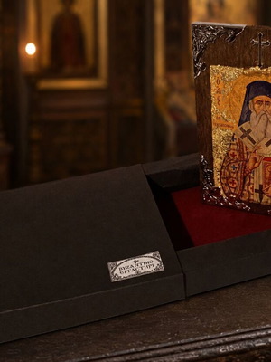 Handmade wooden icon of Saint Nektarios with luxury gift box
