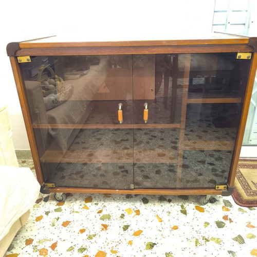 Vintage beechwood cabinet with wheels and glass doors