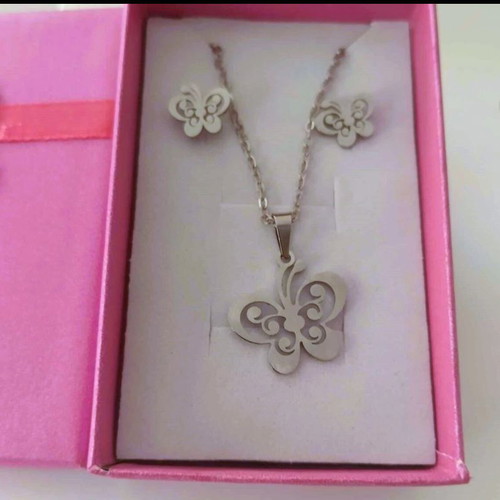 Minimal butterfly necklace and earrings set in stainless steel new silver