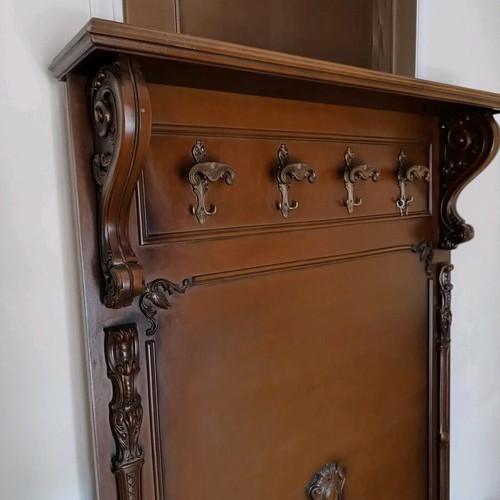 Handmade walnut coat rack used, 1970s with brass hooks