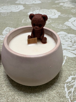 Handmade candle with teddy bear in plaster jar new