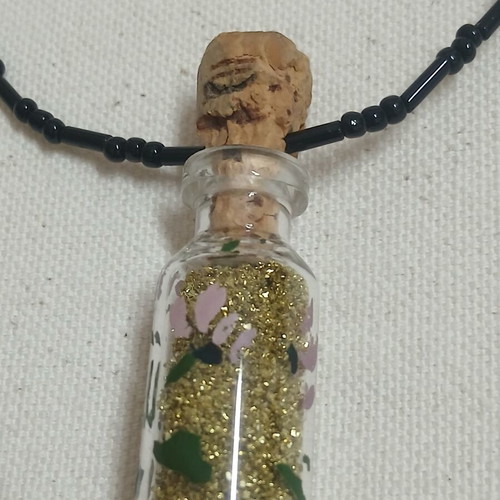 Handmade pendant glass bottle with gold glitter and beaded chain