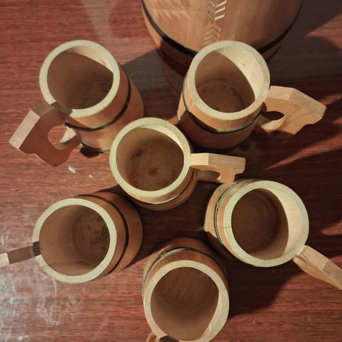Vintage Soviet wooden beer set with jug and 5 mugs Latvian SSR 1970s