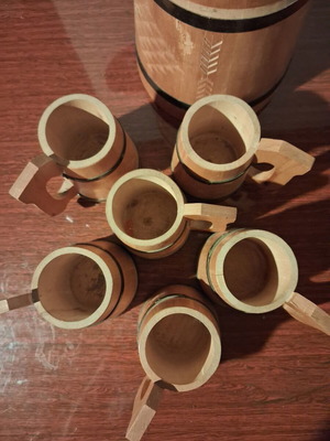 Vintage Soviet wooden beer set with jug and 5 mugs Latvian SSR 1970s